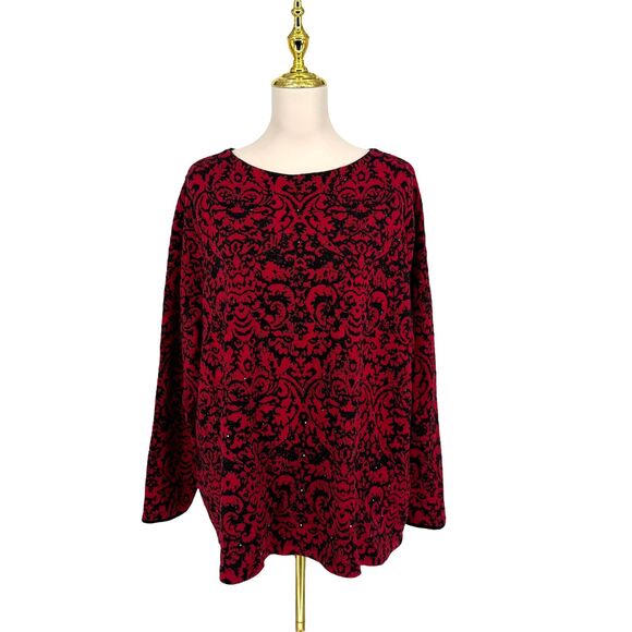 J. Jill Jacquard Tunic Sweater 3X Red Black Damask Rhinestone Sparkle Holiday - Picture 4 of 11